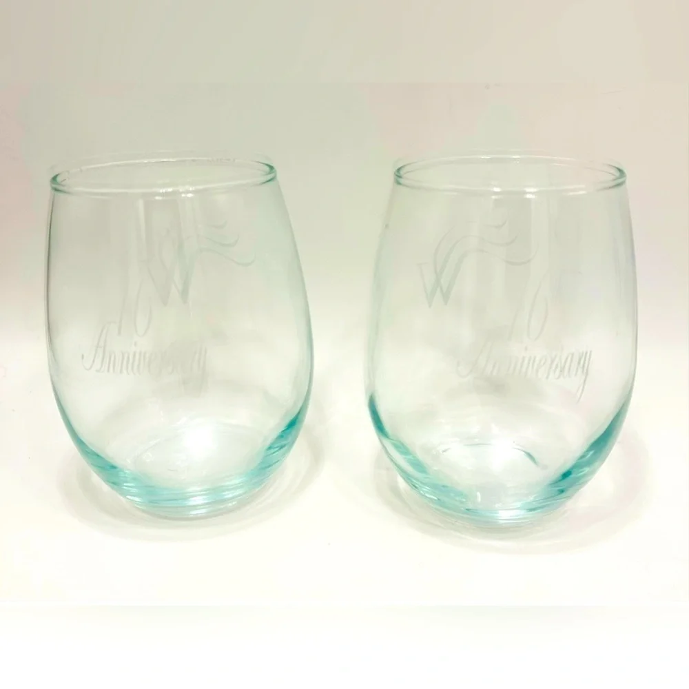 Set of 2 Stemless Wine Glasses 16th Anniversary Monogrammed W